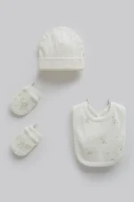 Pack naissance bonnet, moufles & bavoir