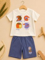 Ensemble garçon 2 pièces imprimé “Road & Surf” – beige & bleu