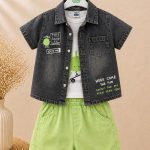 Ensemble garçon 3 pièces chemise denim, t-shirt & short – look fun & tendance