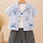 Ensemble garçon 3 pièces chemise imprimée, t-shirt & short – style casual