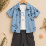 Ensemble garçon 3 pièces chemise denim, t-shirt & short – thème avion