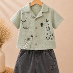 Ensemble garçon 2 pièces chemise imprimée & short en jean – style safari