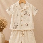 Ensemble garçon 2 pièces chemise & short imprimé – disponible en beige et bleu
