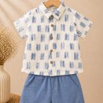 Ensemble garçon 2 pièces chemise imprimée & short bleu – 100% coton