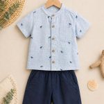 Ensemble garçon 2 pièces chemise imprimée & short marine – style chic décontracté