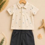 Ensemble garçon 2 pièces polo beige motifs poissons & short marine
