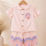Ensemble bébé fille 2 pièces rose à imprimé arc-en-ciel – 100% coton