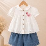 Ensemble bébé fille blouse brodée & short en jean – 2 pièces en coton