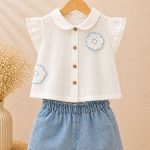 Ensemble bébé fille blouse à dentelle & short en jean – 2 pièces élégant
