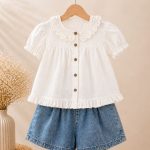 Ensemble bébé fille blouse à col dentelle & short en jean – 2 pièces en coton