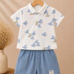 Ensemble garçon 2 pièces polo imprimé oiseaux & short bleu – 100% coton