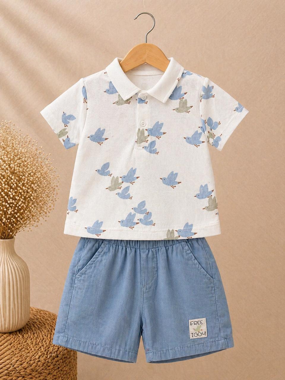 1044 Ensemble garçon 2 pièces polo imprimé oiseaux & short bleu – 100% coton – Image 1