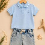 Ensemble garçon 2 pièces polo bleu ciel & short denim