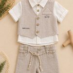 Ensemble garçon 3 pièces chic beige avec gilet