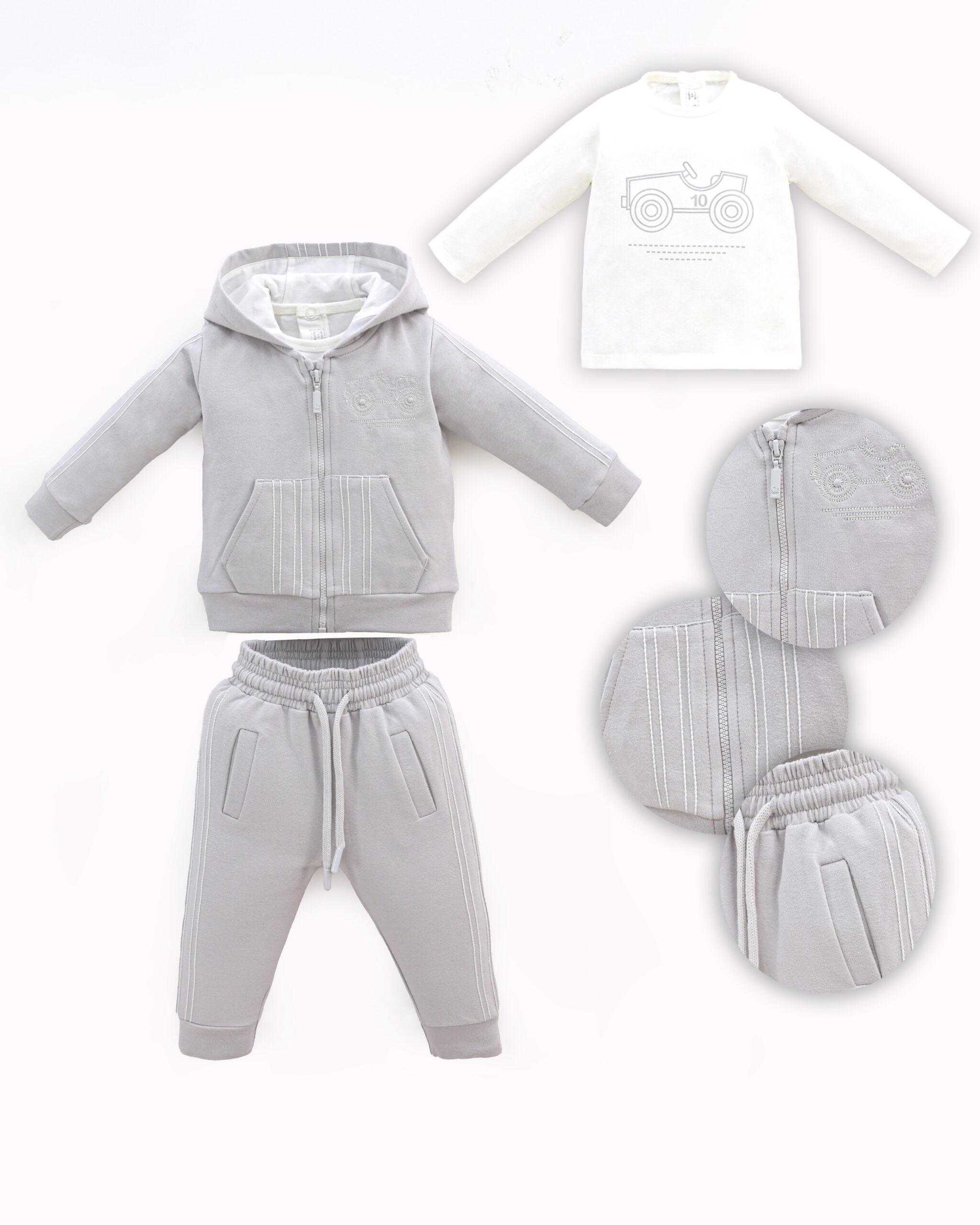 12535 grey Ensemble bébé 3 pièces casual avec veste à capuche – Image 1