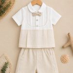 Ensemble garçon 2 pièces chic beige avec nœud papillon