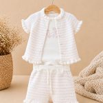 Ensemble bébé 3 pièces en maille cotonnée 100% coton – Blanc & rose