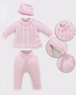 Ensemble bébé 3 pièces en maille coton avec bonnet assorti – Image 3