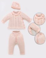 Ensemble bébé 3 pièces en maille coton avec bonnet assorti