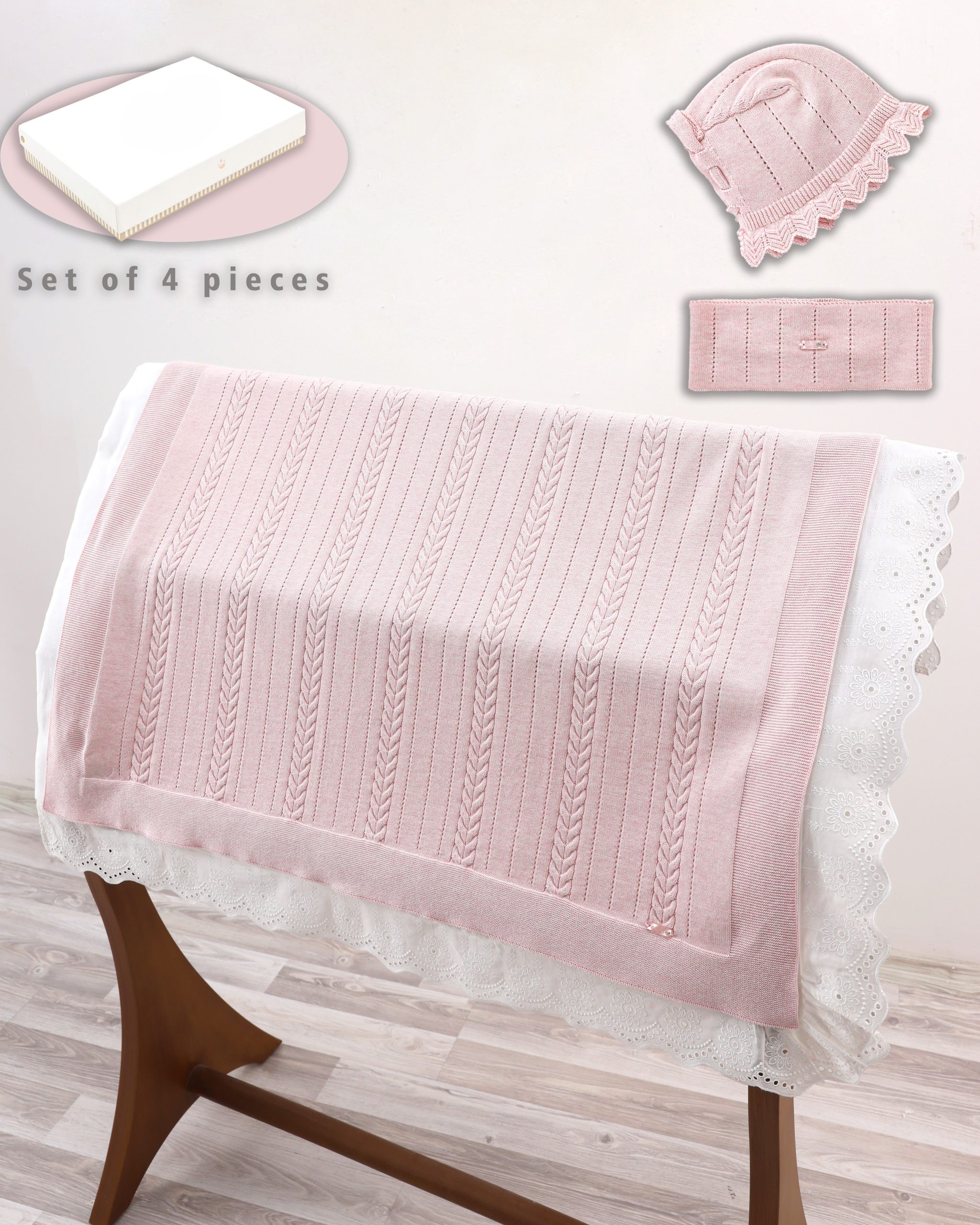 6399 pink Coffret Couverture Bébé en Maille Rose – Ensemble 4 Pièces – Image 1