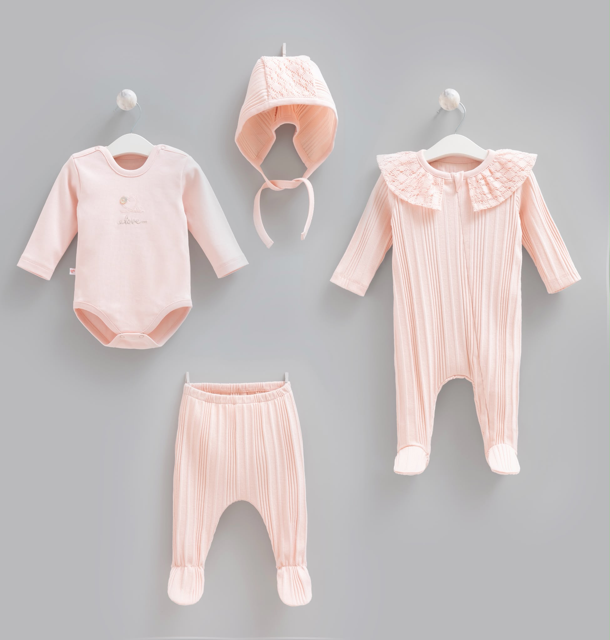 ZK2510.PEMBE Ensemble Naissance 4 Pièces – Rose en Coton Côtelé – Image 1