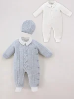 Combinaison Tricot Mérinos à Boutonnage Latéral avec Bonnet et Grenouillère Col Polo – Image 4