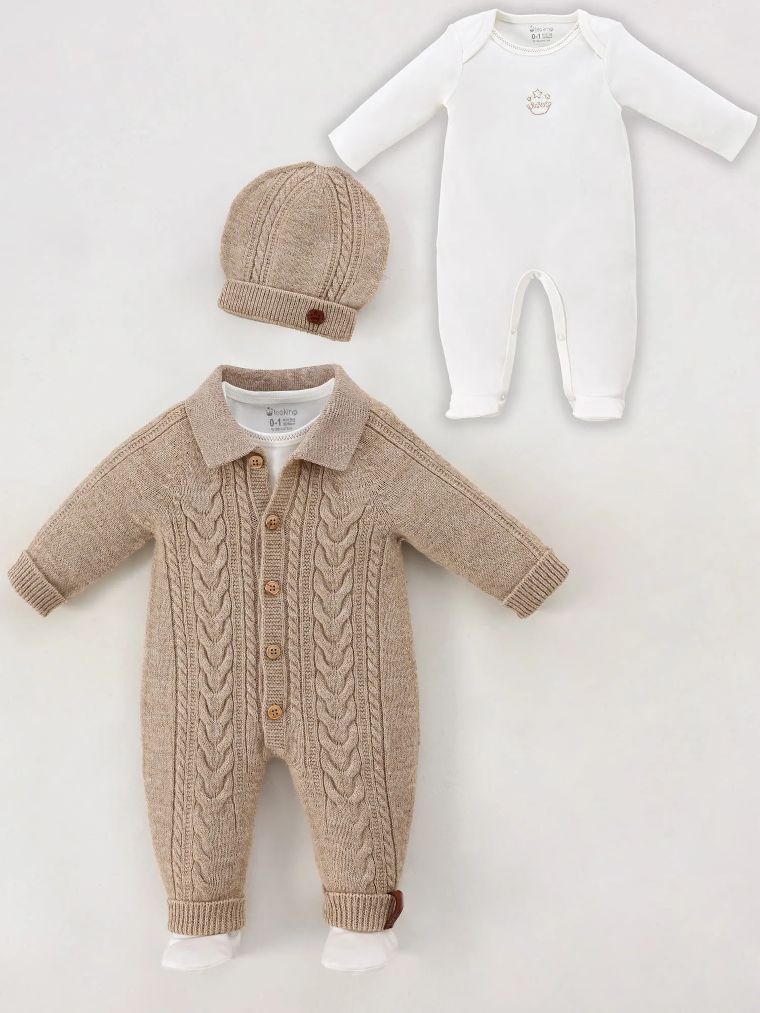 9354 brown Combinaison Tricot Mérinos à Col Polo avec Bonnet et Grenouillère Coton – Image 1