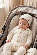 Combinaison Tricot Mérinos à Col Polo avec Bonnet et Grenouillère Coton – Image 7
